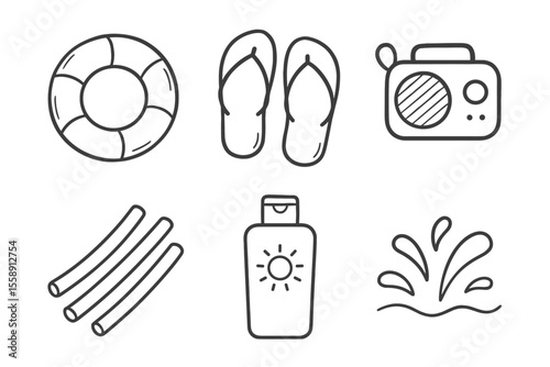 Summer vacation icons: float, flip flops, radio, pool noodles, sunscreen, splash