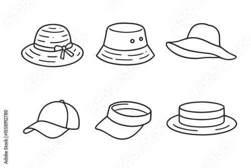 Collection of six black and white hat outlines: bucket, sun, baseball, visor, boater