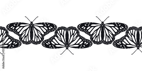 Fotografie Horizontal stripe pattern with hand drawn black and white monarch butterflies