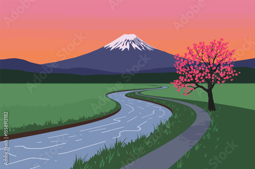 Serene japanese landscape mount fuji sunset river path