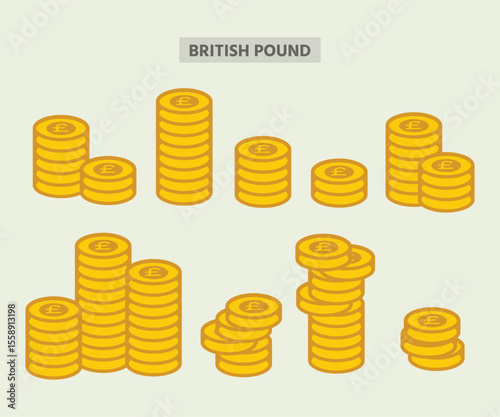 British pound coin stack vector illustration, flat currency icon set for forex