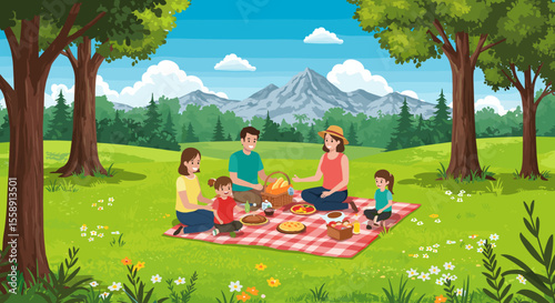 Family Picnic Outdoors Enjoying Nature And Summer