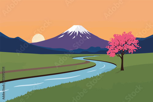 Serene japanese landscape mount fuji sunrise cherry blossom tree