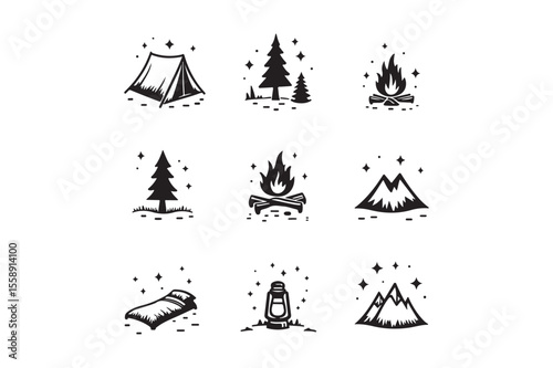 Collection of stylized black and white camping icons with stars