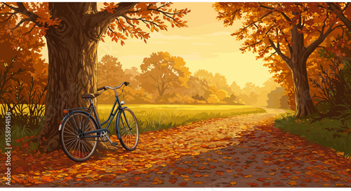 Autumnal Scene: Bicycle by Tree in a Golden Forest Path