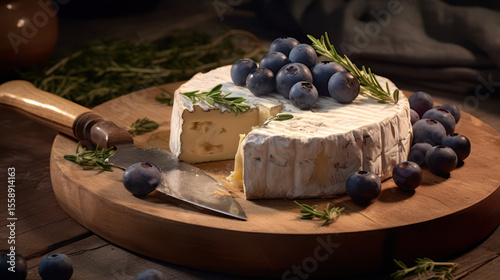 brie or camembert cheese on a wooden board, with blueberries and rosemary