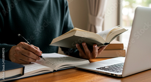 Studying with Book and Laptop
