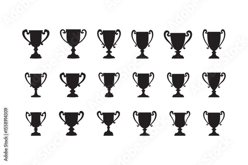 Collection of black silhouette trophy icons representing achievement and victory