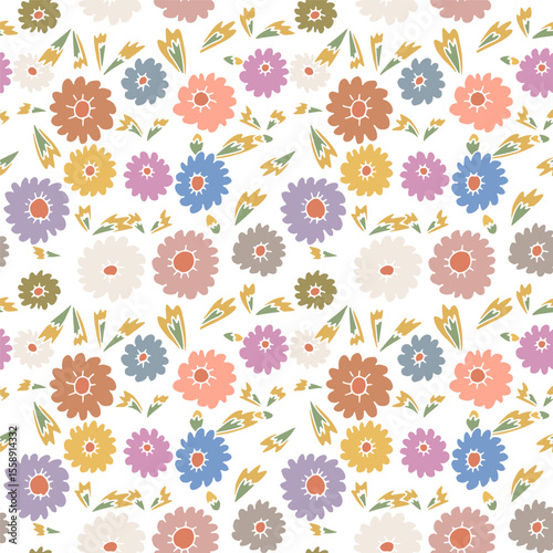 Ditsy floral seamless pattern on white background. Hand drawn vintage backdrop with tiny flowers. Cottagecore texture with sketchy blooms.