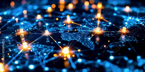 Global decentralized energy grid with glowing data nodes connected across continents on digital world map, representing smart electricity distribution and renewable energy infrastructure.