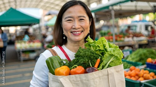 Smiling woman holding reusable bag filled with fresh vegetables and greens at outdoor farmer market under covered canopy