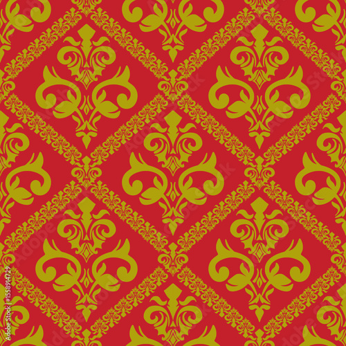 Red Gold Damask Pattern Wallpaper - Royal Damask Baroque Design Background - Luxury Damask Ornamental Print for Elegant Interior Decor Projects