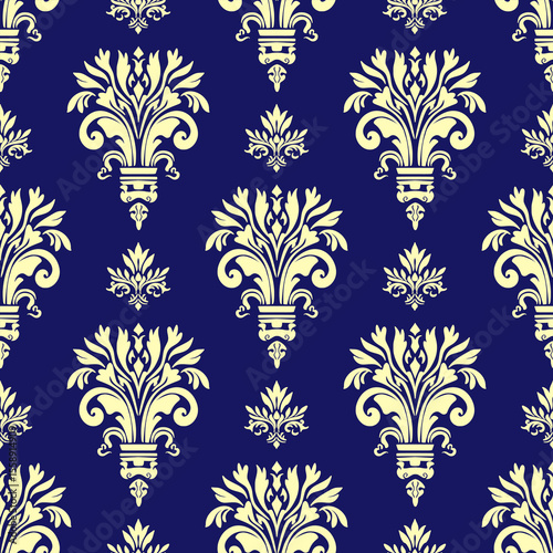 Navy Blue Gold Damask Pattern Wallpaper - Royal Damask Baroque Design Background - Luxury Damask Ornamental Print for Elegant Interior Decor