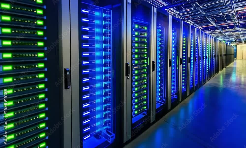 Row of server racks illuminated with blue and green lights Row of server racks illuminated with blue and green lights