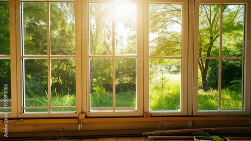 Sunlight streaming through large glass windows onto new wooden flooring in a bright room overlooking a lush green garden
