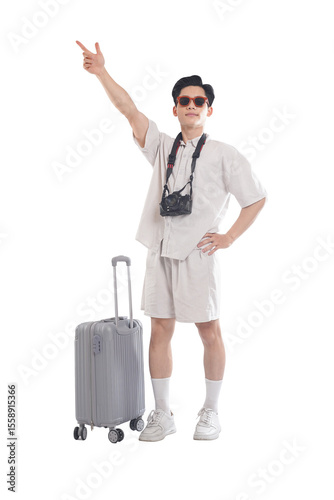Adventurer's Journey Begins: An enthusiastic tourist, camera in hand, prepares for an adventure with suitcase, sunglasses, gesturing excitedly, embodying the essence of travel.