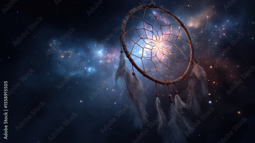 Obraz premium Dream Catcher in Cosmic Space with Vibrant Galaxy Background and Ethereal Lights Surrounding it