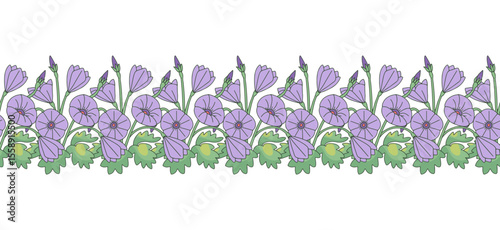 Stripe pattern with line art canary islands flowers mallow bindweed. Floral seamless border with hand drawn millefleur style botanicals. Vector illustration