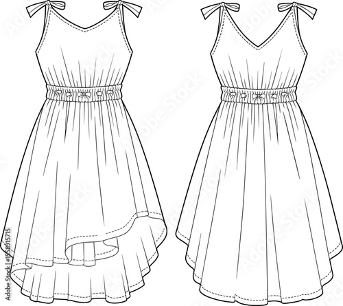 Fashion flat sketch of sleeveless summer dress with floral waistband, asymmetric hem, tied shoulder straps, CAD drawing vector illustration