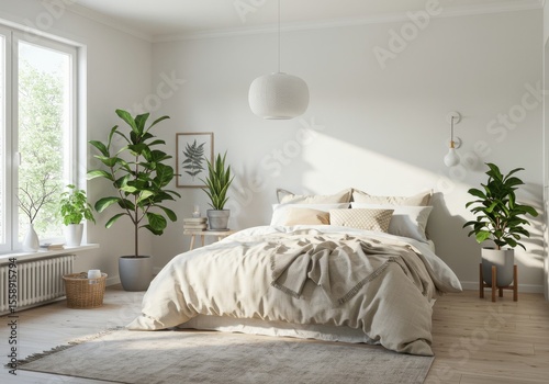 Bedroom with bed, plants, and rug.