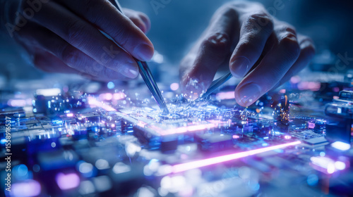 Precision engineering of a futuristic circuit board with metallic tools