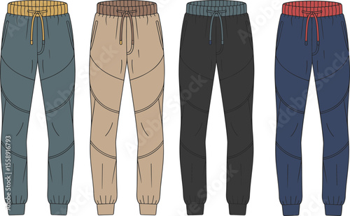 Flat front view of jogger pants in multiple colors, elastic waist, drawstring detail, cad drawing vector fashion illustration design