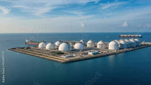 Aerial View of LNG Terminal and Tankers at Sea