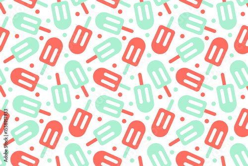 Seamless pattern of summer popsicles in peach orange and mint green with dotted decorations on white background.