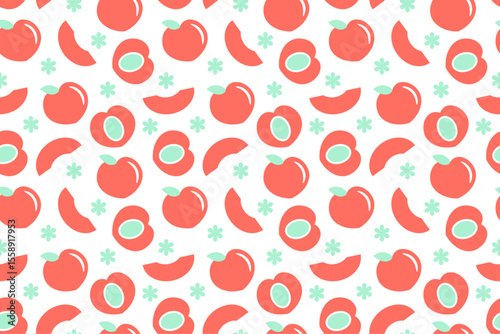 Seamless pattern of whole and halved peaches with mint leaves and flowers on white background.