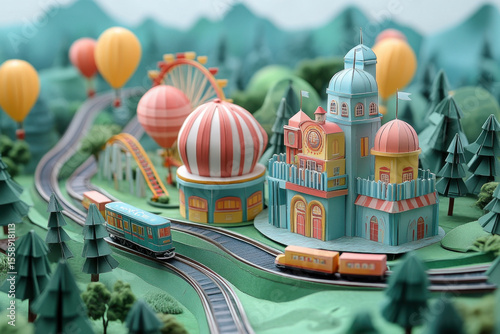 Train passing through city model.