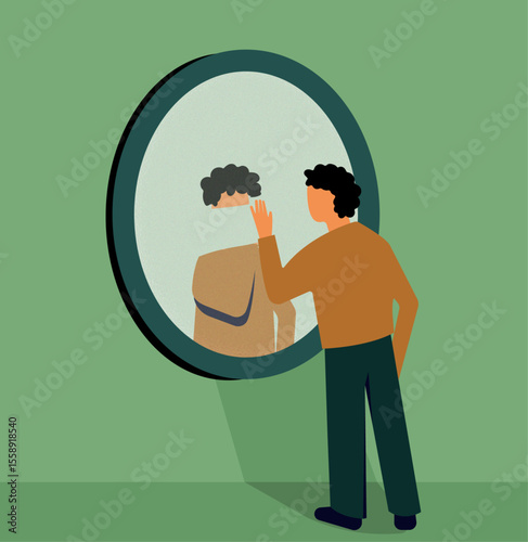 Person wiping removing erasing self reflection in mirror illustration