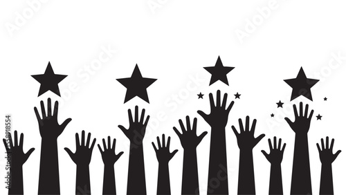 Silhouetted hands reaching up towards shining stars symbolizing success