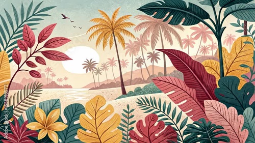 Vibrant tropical landscape with colorful palm trees, lush foliage, and sunlit sandy beach in a serene natural setting