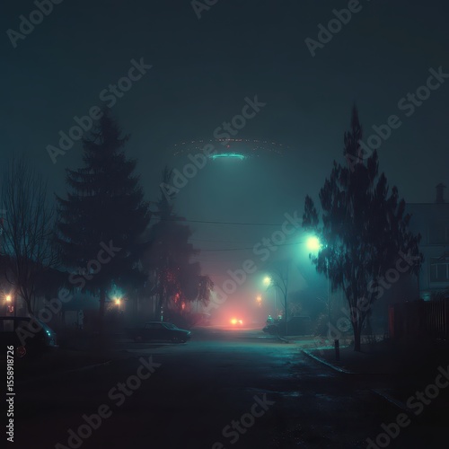 A misty, nighttime suburban street scene with a hovering, luminous unidentified object above