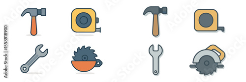Collection of various construction tools including hammers, tape measures, wrenches, and saws designed for home improvement tasks