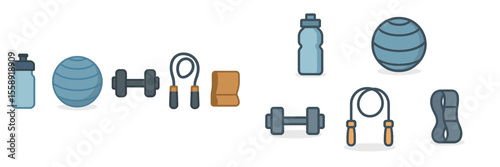 Fitness equipment and accessories for a home workout routine displayed on a clean surface