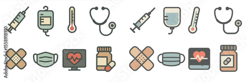 Health and wellness icons showcasing medical tools and symbols for healthcare activities
