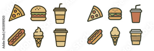 Various fast food icons including pizza, burgers, coffee, hot dogs, and ice cream displayed in a flat design style