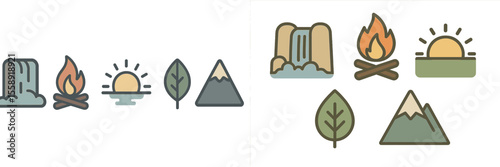 Nature-inspired illustration of outdoor activities with mountains, waterfalls, and sunsets near a campfire