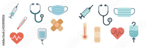 Medical icons representing healthcare elements, including syringes, stethoscopes, and heart symbols for health themes