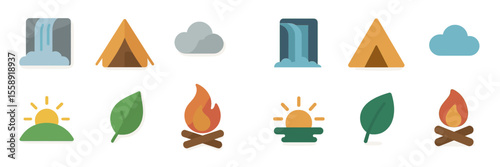 Iconic symbols of outdoor adventure featuring tents, waterfalls, and campfires in a playful design