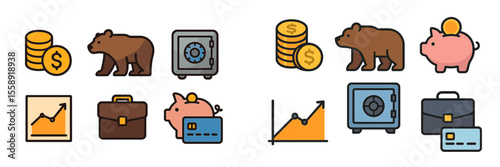 Financial symbols illustrating saving, investing, and market trends with bears and piggy banks in a business context