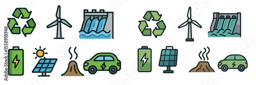 Renewable energy icons representing various sustainable energy sources and technologies for a greener future