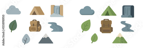 Nature elements and camping symbols arranged in a playful design featuring mountains, waterfalls, and outdoor gear