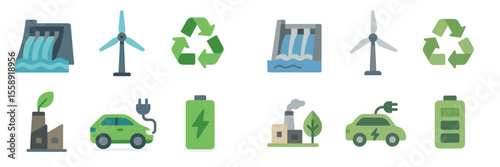 Icons representing renewable energy sources in a modern, sustainable environment with a focus on recycling and eco-friendliness