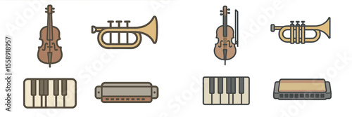 Various musical instruments including strings and brass displayed in an artistic arrangement