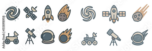 Space exploration icons including rockets, asteroids, and telescopes in a creative design layout