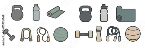 Collection of fitness equipment icons showcasing essential tools for a workout routine in a simple design