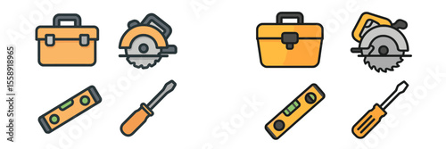 Tools for building and repairs, featuring saws, levels, and toolbox symbols in bright colors