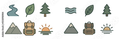 Outdoor adventure icons featuring nature elements, hiking gear, and scenic landscapes for creative use